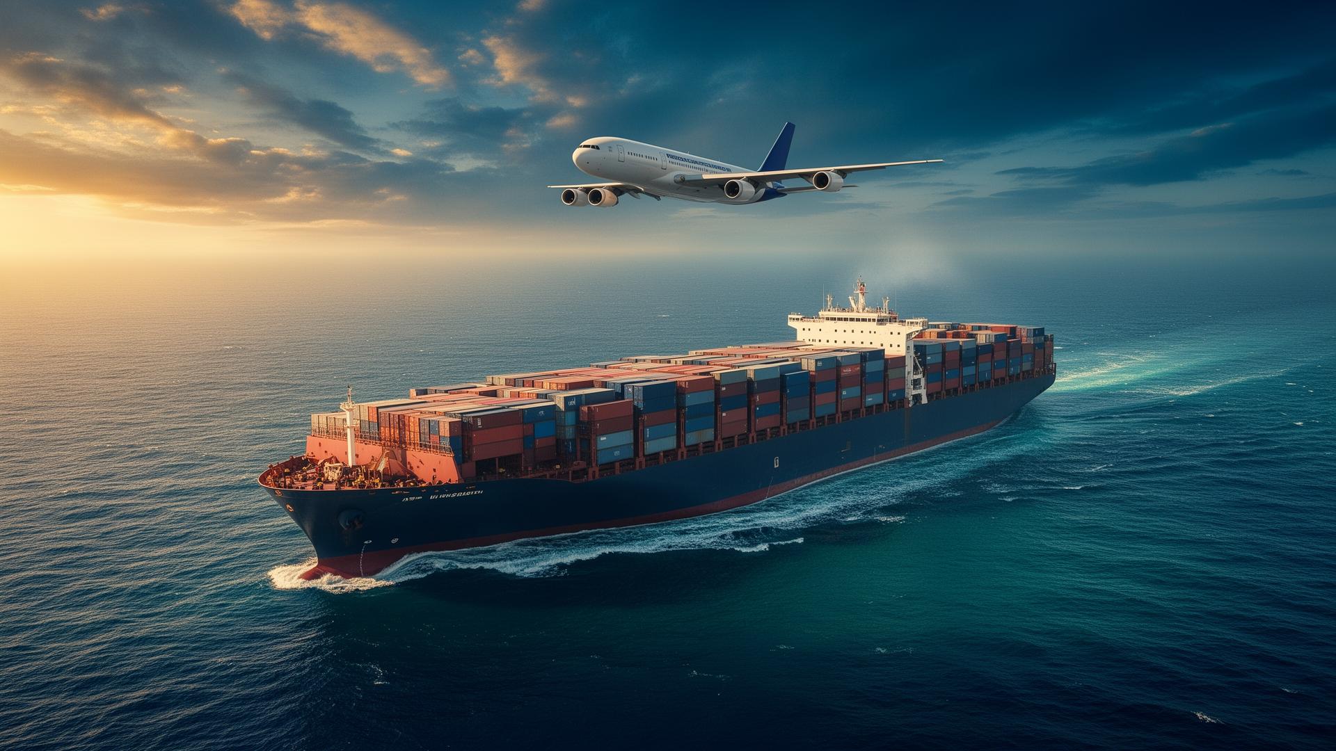 Cargo ship and airplane crossing the ocean